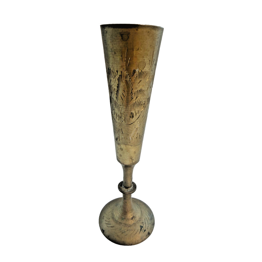 Vintage Solid Brass Bud Vase 5.5" H Etched Bohemian Decor Made in India